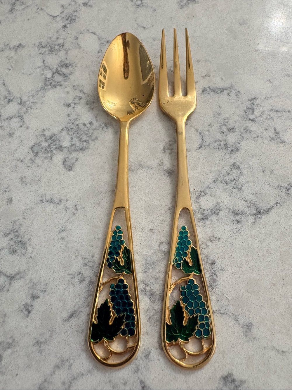 Vintage 24k Gold Filled Enamel teaspoon and appetizer fork set